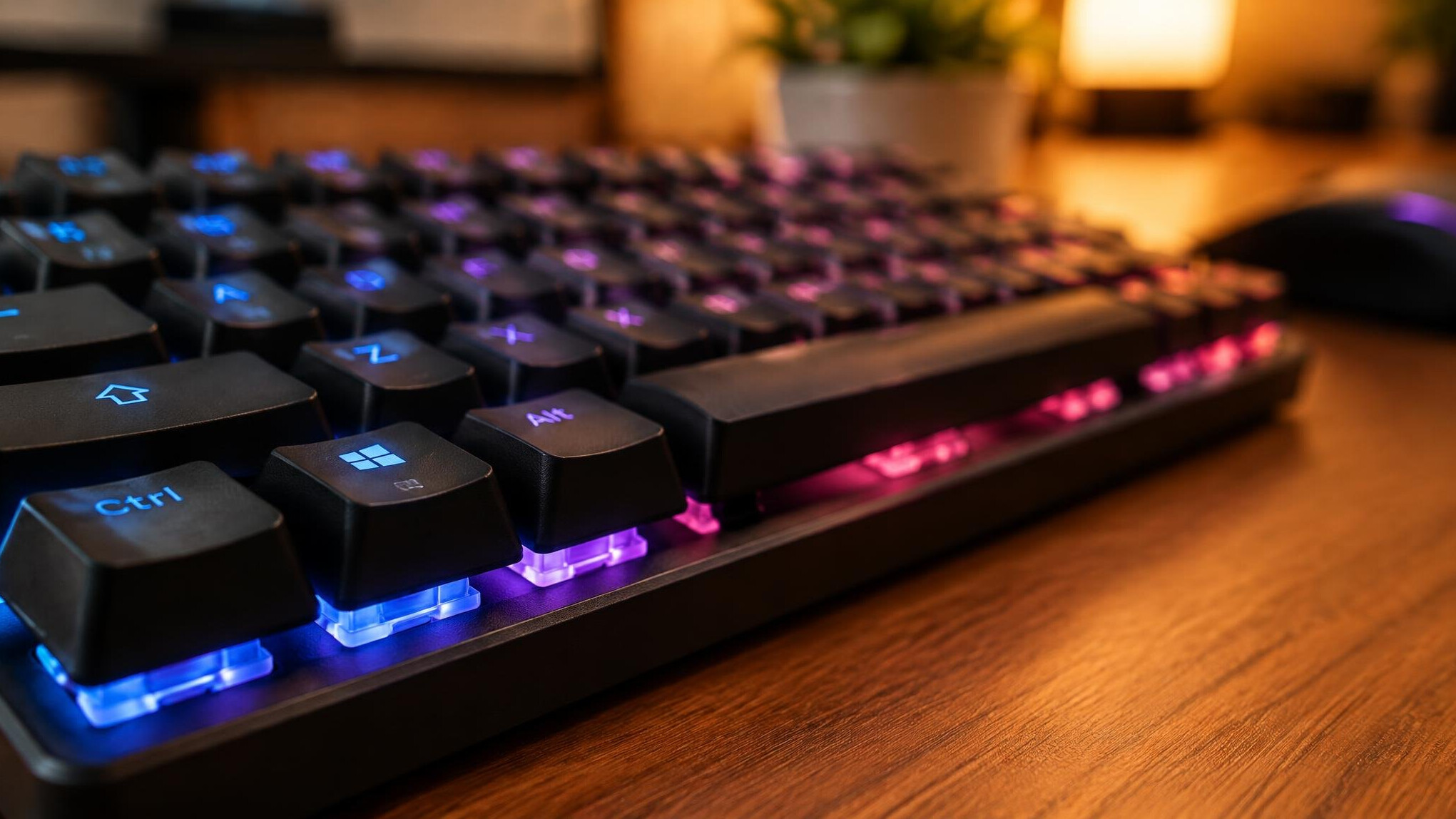 Close up of a mechanical keyboard on a desk