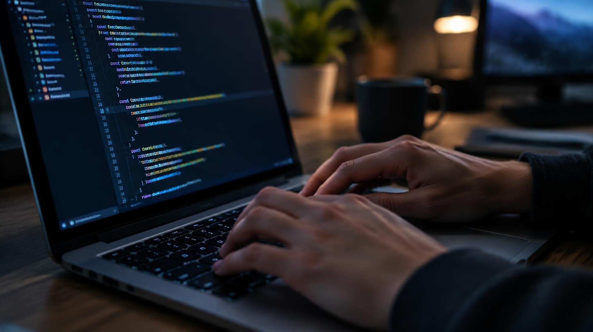 Close up of hands typing code on a laptop keyboard