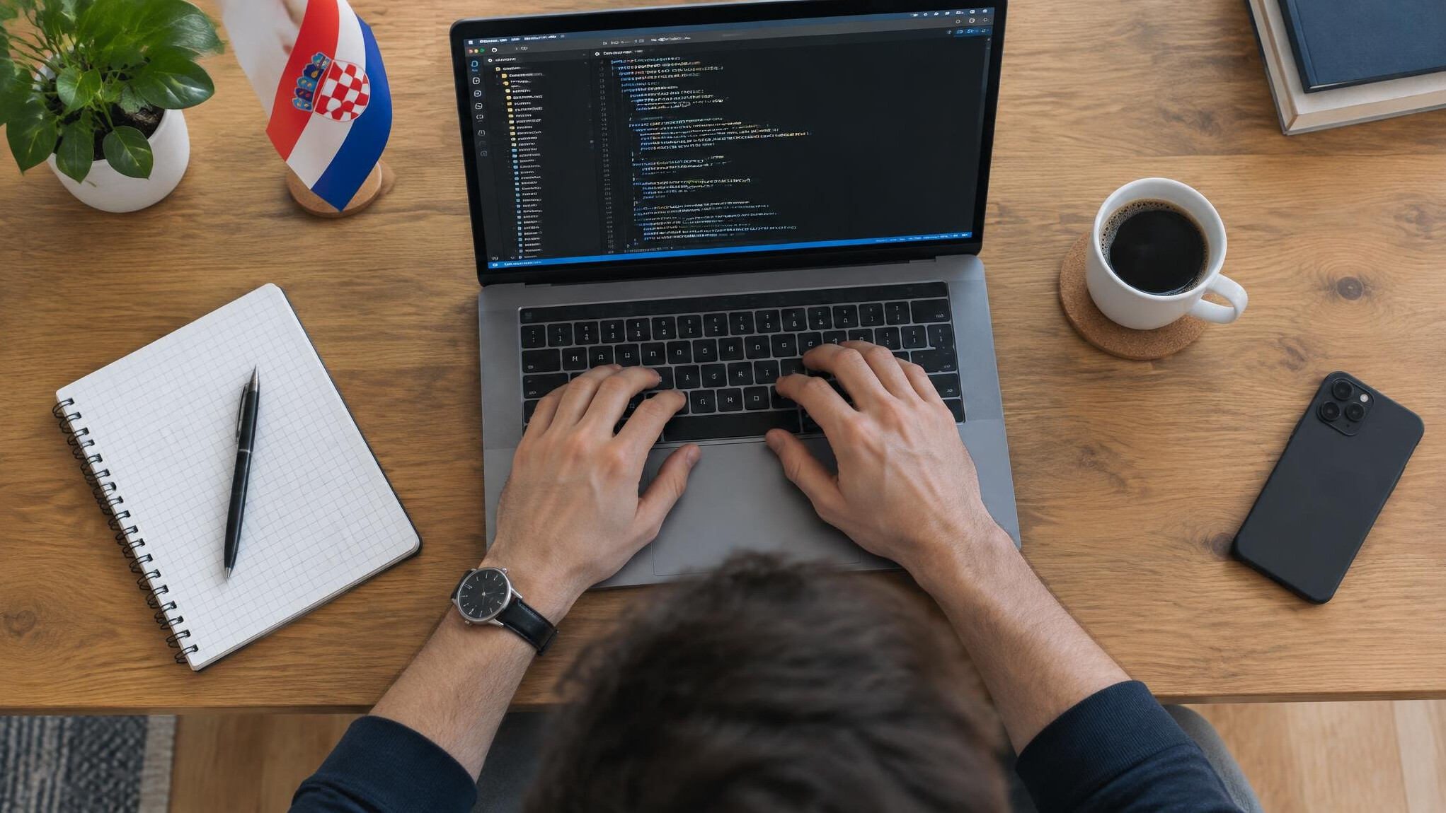 Person working on a laptop with code editor open at a desk