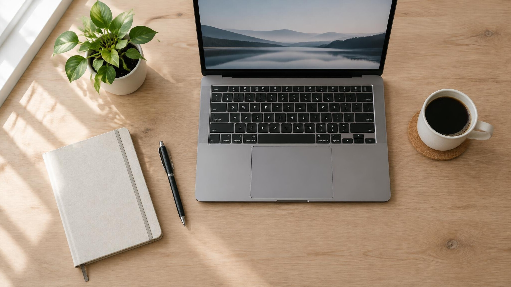 Modern desk setup with laptop, notebook and plant