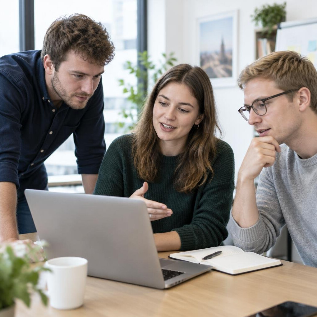 Small group of people discussing around a laptop in an office