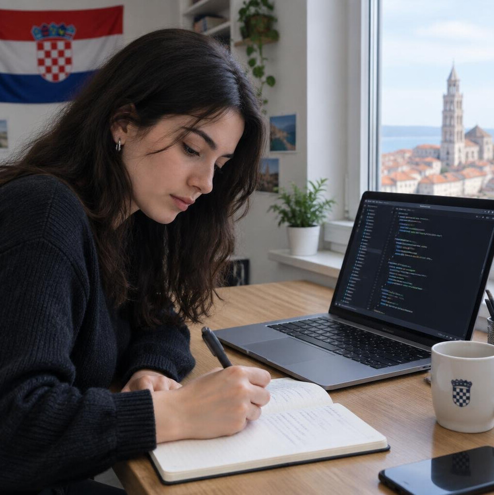 Person writing notes next to an open laptop with code