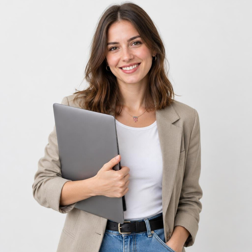 Young Croatian woman smiling while holding a laptop